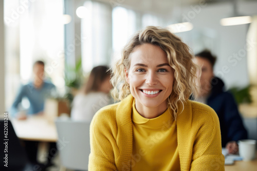 Generative AI image of portrait of smiling young female employee with blonde hair looking at camera while sitting with colleagues in blurred and illuminated cafe zone in daylight