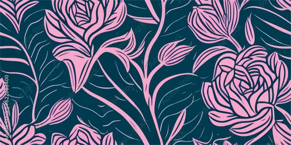 Graceful Pink Roses and Leaves: Vector Illustration for Botanical Art