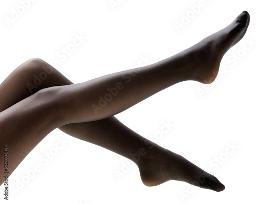 Shapely female legs. Isolation on a white background. Legs in black pantyhose