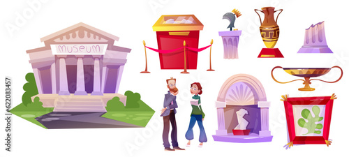 Historical museum element. Exhibition of ancient Greek or Roman exhibits in art gallery. Marble antique columns and statues, vases and jugs. Cartoon flat vector collection isolated on white background