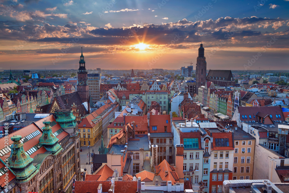 Image of Wroclaw, Poland during summer sunset.