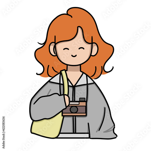 Cute female Photographer cartoon. Take a photo. Photographic equipment. Holding a camera. Cartoon Character Illustration