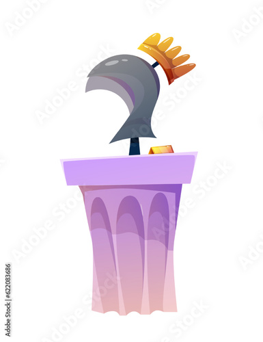 Historical museum element. Colorful sticker with ancient Greek or Roman artifact with helmet on column. Antique element legionary armor. Cartoon flat vector illustration isolated on white background