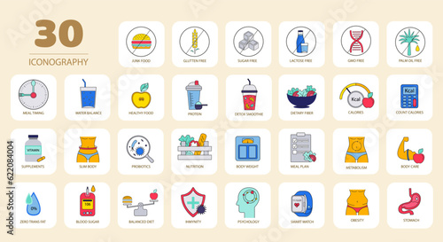 Set with healthy lifestyle. Stickers with body care and health, taking vitamins and probiotics, detox diet and proper nutrition and vegetable smoothie. Cartoon flat vector isolated on white background