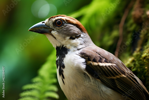 photo of a sparrows face against a green forest background