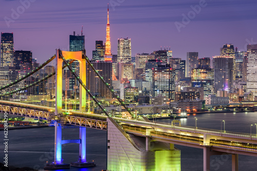 Tokyo, Japan cityscape at Rainbow Bridge and Tokyo Tower. photo