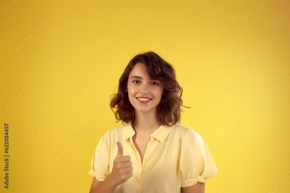 Beautiful Young Woman smiling and pointing thumb up. Isolated on yellow background. Generative AI illustration. Beautiful Young Woman smiling and pointing thumb up. Isolated on yellow background. Generative AI illustration.
