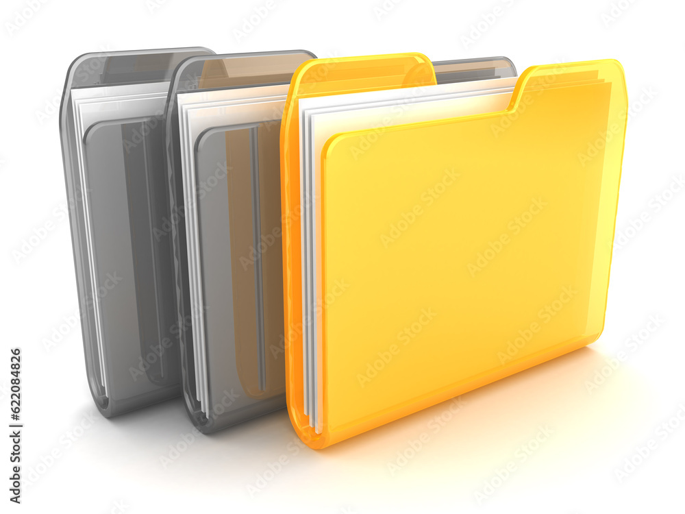 3d illustration of three folders, one colorful and two gray 3d illustration of three folders, one colorful and two gray