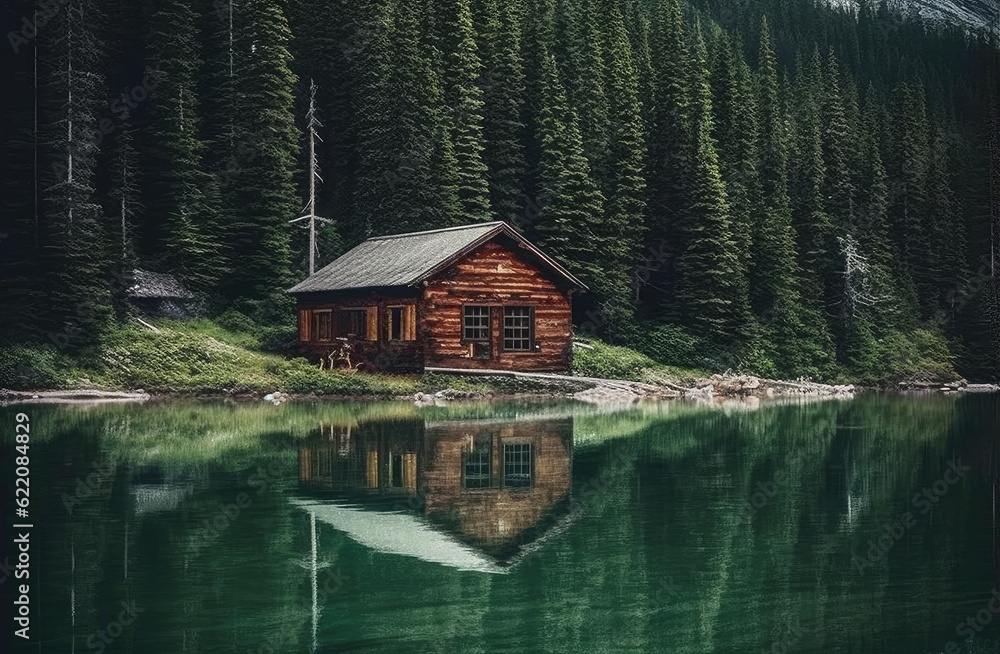 Fototapeta premium The cabin is in front of the woods by the lake, AI generated