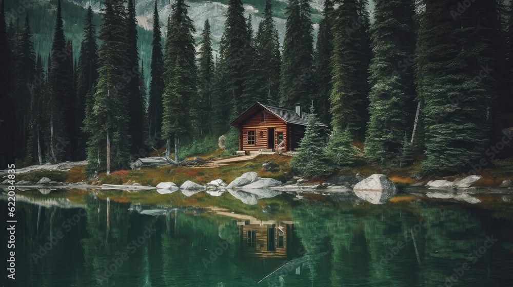 Fototapeta premium The cabin is in front of the woods by the lake, AI generated