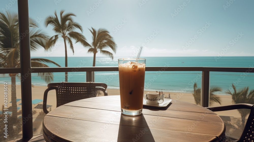 A cup of coffee is placed on a table by the sea, travel and vacation, AI generated