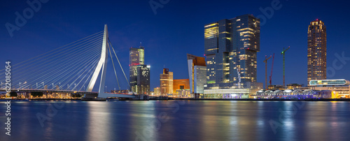 Panoramic image of Rotterdam  Netherlands during twilight blue hour.