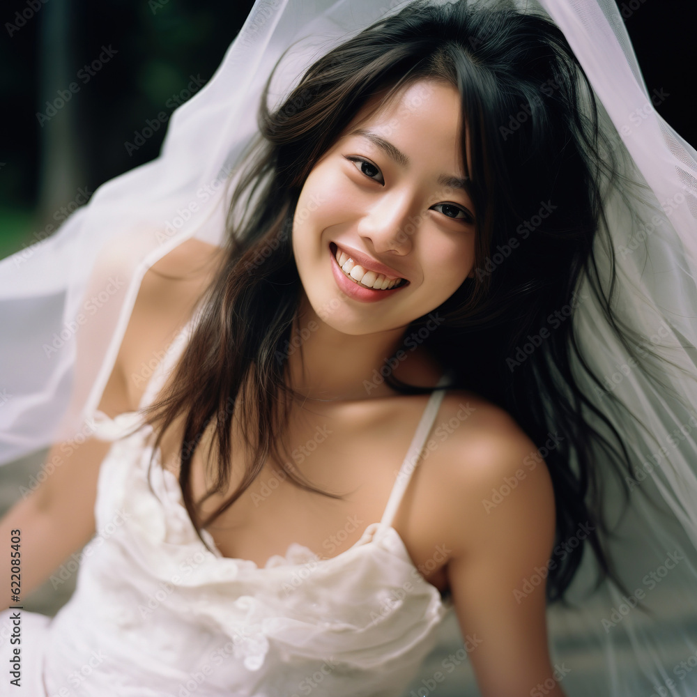 Happy bride. Young Asian woman in white wedding dress and bridal veil Happy bride. Young Asian woman in white wedding dress and bridal veil