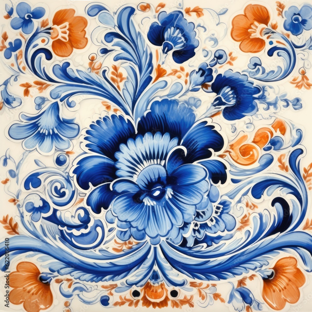 Retro vintage floral pattern, blue and orange, glazed tile, abstract floral ornament, slavic painting, generative ai illustration