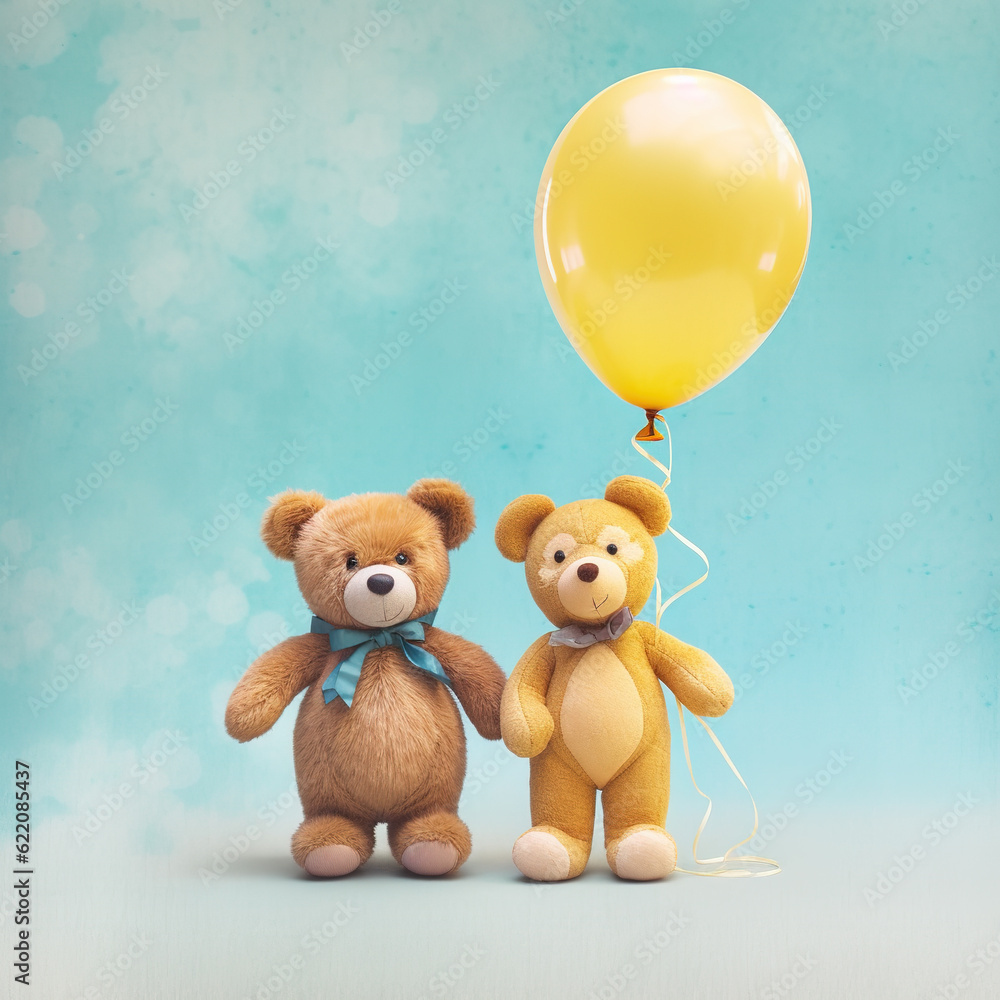 Two teddy bear, holding hands and heart shape balloon. Love, baby, friendship concept. Ai generative, illustration Two teddy bear, holding hands and heart shape balloon. Love, baby, friendship concept. Ai generative, illustration