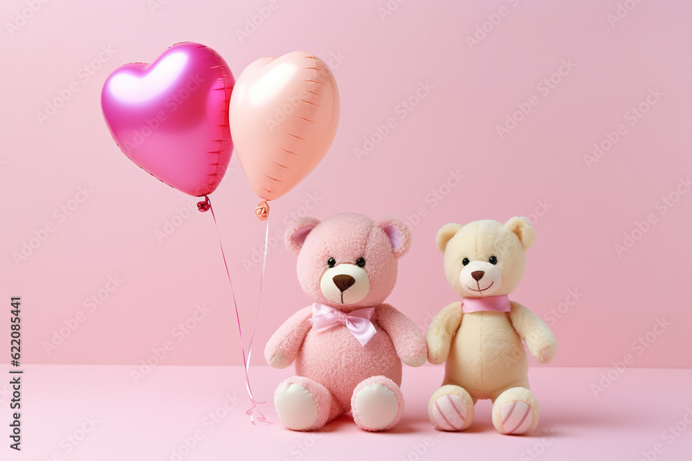 Two teddy bear, holding hands and heart shape balloon. Love, baby, friendship concept. Ai generative, illustration Two teddy bear, holding hands and heart shape balloon. Love, baby, friendship concept. Ai generative, illustration