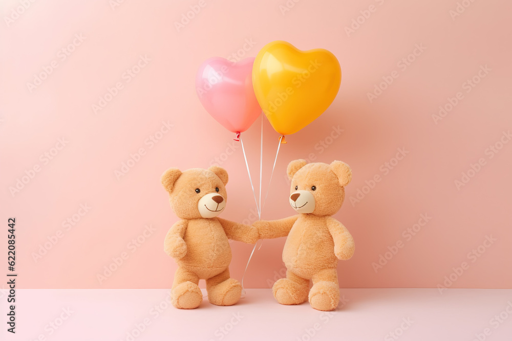 Two teddy bear, holding hands and heart shape balloon. Love, baby, friendship concept. Ai generative, illustration Two teddy bear, holding hands and heart shape balloon. Love, baby, friendship concept. Ai generative, illustration