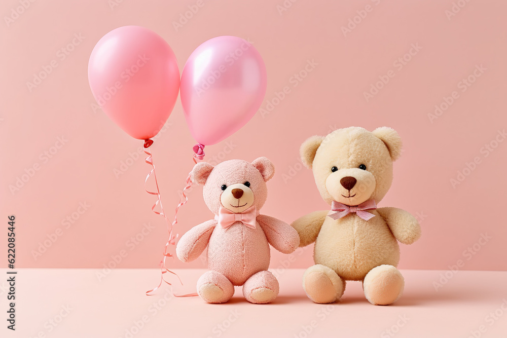 Two teddy bear, holding hands and heart shape balloon. Love, baby, friendship concept. Ai generative, illustration Two teddy bear, holding hands and heart shape balloon. Love, baby, friendship concept. Ai generative, illustration