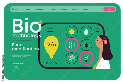 Bio Technology, Seed Modification -modern flat vector concept illustration of scientists choosing features for a seed, genetic modificated variants. Metaphor of direct impact of GMO on vegetation