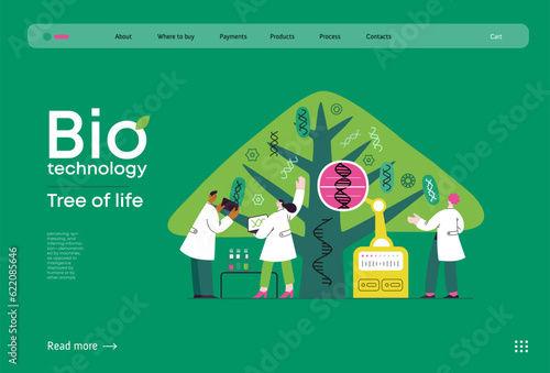 Bio Technology, Tree of life - modern flat vector concept illustration of scientists observing the tree, whose leaves represent various types of DNA. Metaphor of genetic research and diversity of life