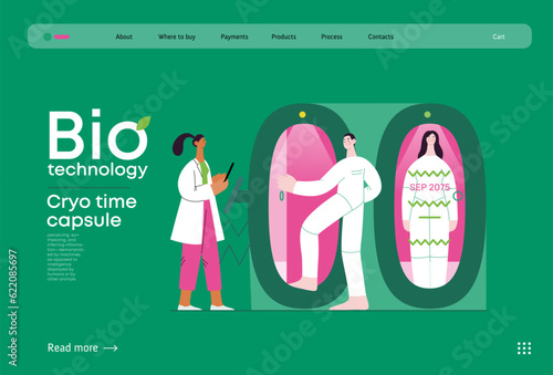 Bio Technology, Cryocapsule Time Freezer -modern flat vector concept illustration of futuristic cryocapsules resembling frozen time vaults. Metaphor of preserving life, time through cryonic technology