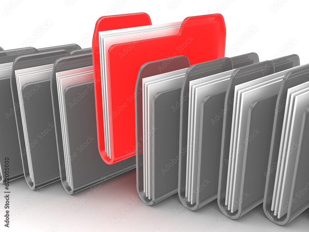3d illustration of folders row with one selected 3d illustration of folders row with one selected