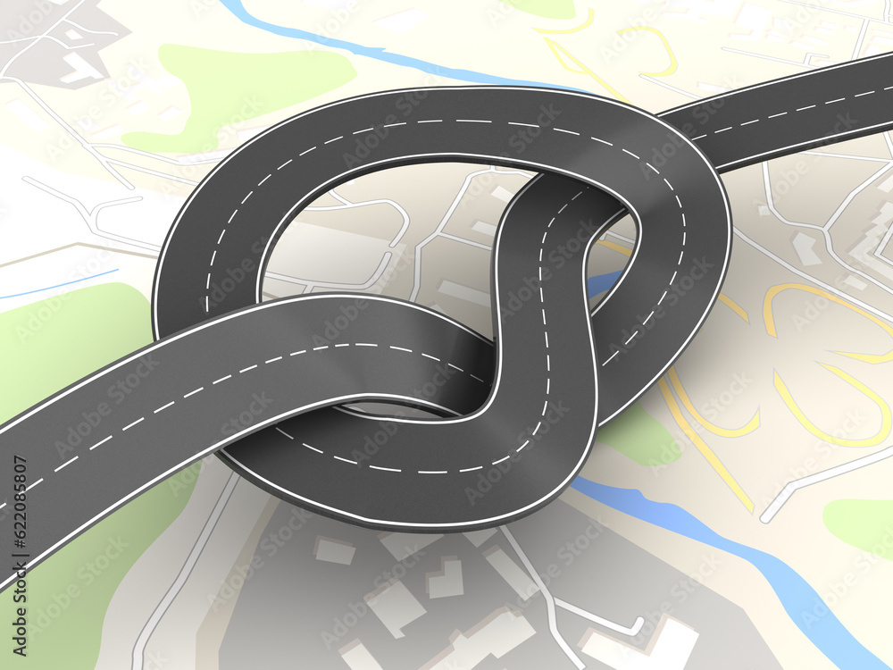 3d illustration of road knot over map background