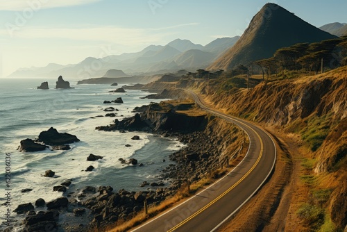 A winding coastal highway at dawn. Generative AI