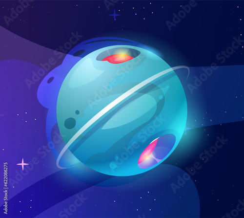 Space planet icon. Cosmic sphere with craters and lava, stars and fog in 3d isometric realistic style. Universe badge for UI game design. Cartoon flat vector illustration isolated on blue background
