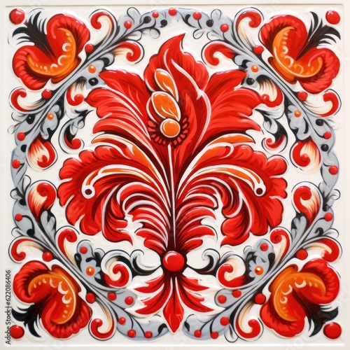 Retro vintage floral pattern, glazed tile, red abstract floral ornament, slavic painting, generative ai illustration photo