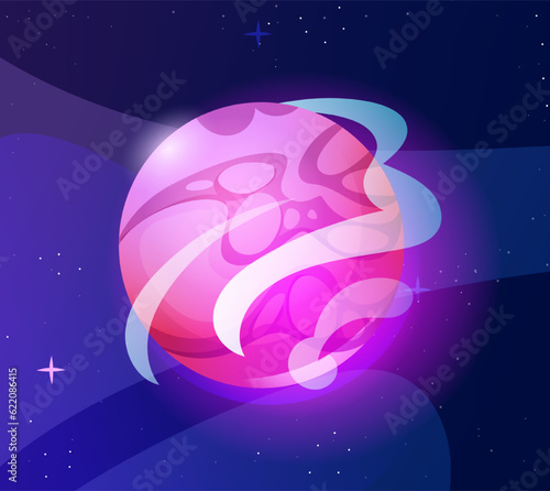 Space planet icon. Badge in realistic isometric 3d style for UI game design. Fantastic cosmic pink gaseous sphere with stars in universe. Cartoon flat vector illustration isolated on blue background