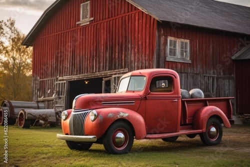  A red truck stands near a large farm barn.Generative AI