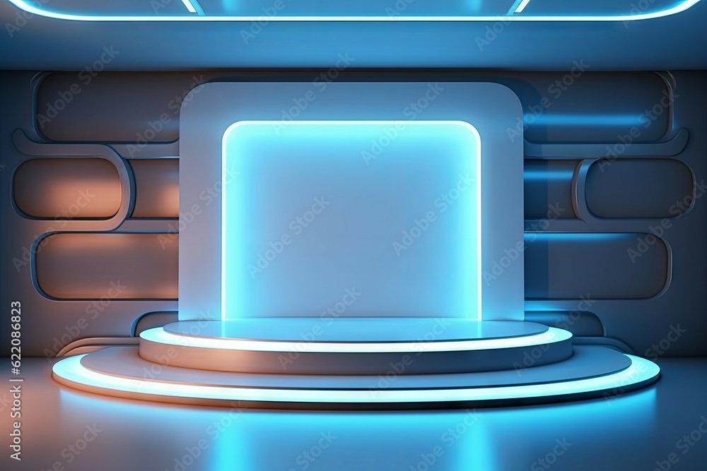 Modern futuristic podium with neon lighting for product presentation. AI generated, human enhanced Modern futuristic podium with neon lighting for product presentation. AI generated, human enhanced