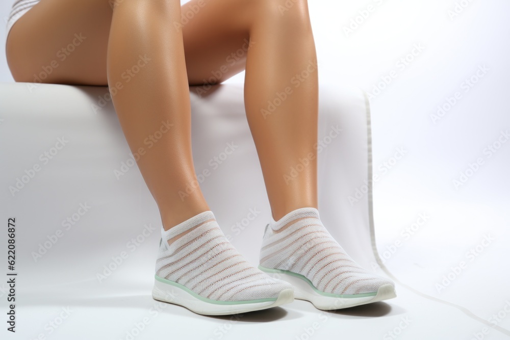 Woman's legs on a light backdrop. Background with selective focus and copy space