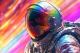 Cosmonaut or astronaut in rainbow colors. Background with selective focus and copy space. AI generated, human enhanced