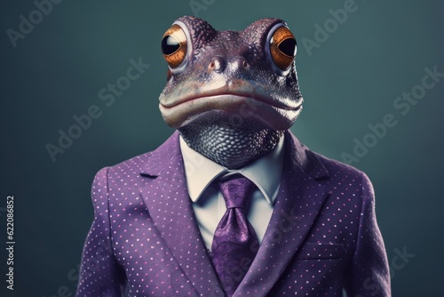 Anthropomorphic frog dressed in a suit like a businessman. Business Concept. AI generated, human enhanced