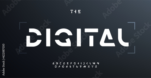Techno stencil font, bold cropped letters, futuristic and space alphabet for logo, headline, contemporary typography, modern typographic design. Vector typeset.