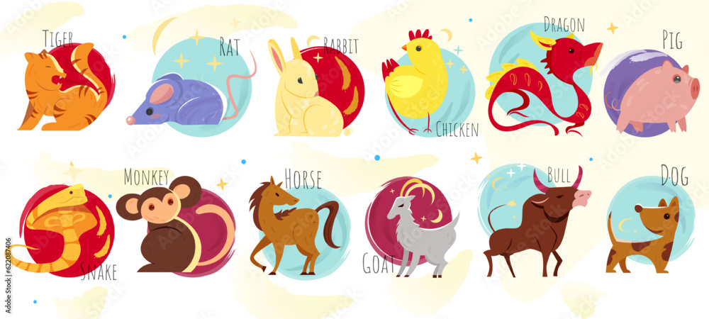 Obraz premium Chinese horoscope icon set. Stickers with dog, rabbit, tiger, dragon, rooster, goat, mouse, pig, monkey, snake, bull and horse. New Year Asian symbol. Cartoon flat vector isolated on white background