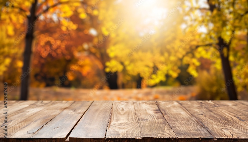 Wooden table with an autumn background, autumn background, Generative AI Wooden table with an autumn background, autumn background, Generative AI