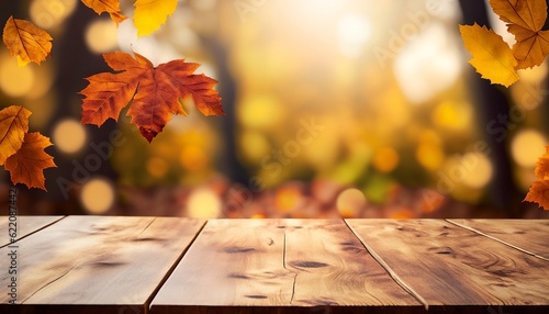 Wooden table with an autumn background, autumn background, Generative AI