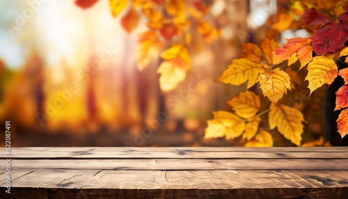Wooden table with an autumn background, autumn background, Generative AI