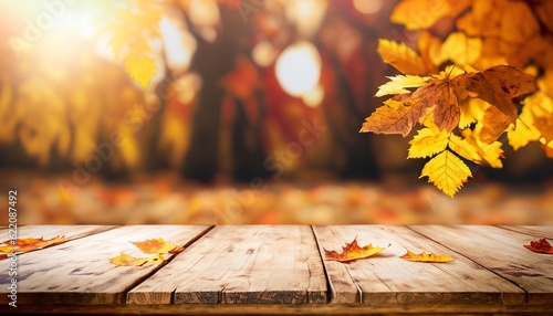 Wooden table with an autumn background, autumn background, Generative AI