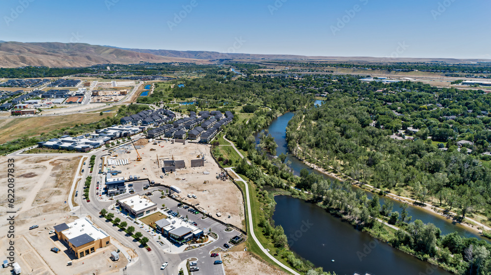 aerial view of Boise, Idaho's Barber Park with multiple construction projects in the summer next to the Boise, River