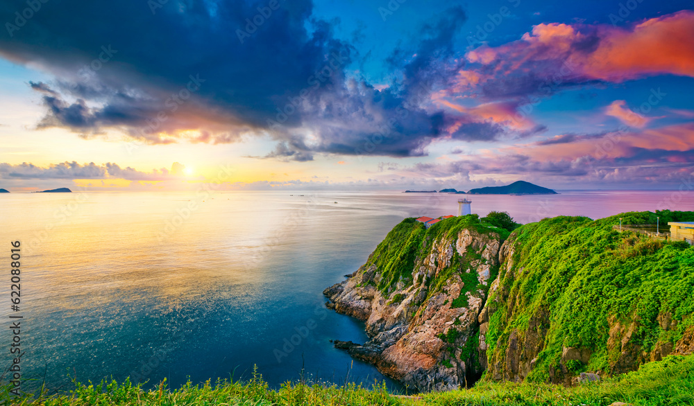 Hong Kong lighthouse during sunrise , Hok Tsui Cape D'Aguilar beautiful landscape