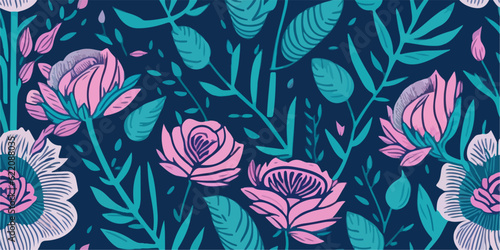 Floral Delight: Vector Illustration Featuring Pink Roses Pattern © valenia
