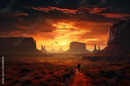 A lone cowboy standing under the expansive desert sky at sunset. Generative AI