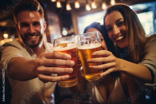 Friends cheering and toasting with beers at the bar celebrating International Beer Day