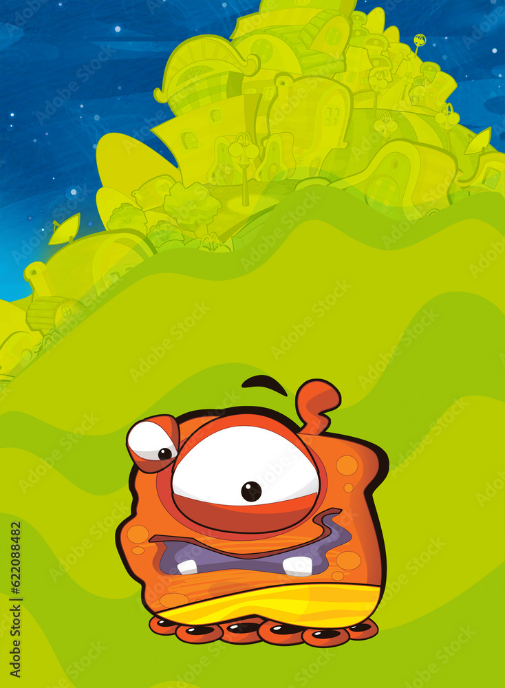 Cartoon funny colorful scene of cosmos galactic alien ufo isolated illustration for children Cartoon funny colorful scene of cosmos galactic alien ufo isolated illustration for children