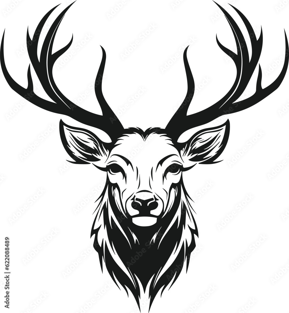 Deer head. Reindeer head vector illustration isolated on white background. Hunting logo, mascot, sign.