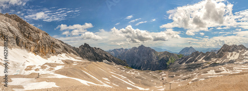 Wide screen panorama view at the Wetterstein torrent from the Zugspitze glacier at Garmisch Patenkirchen, Bavaria, Germany, in summer outdoors